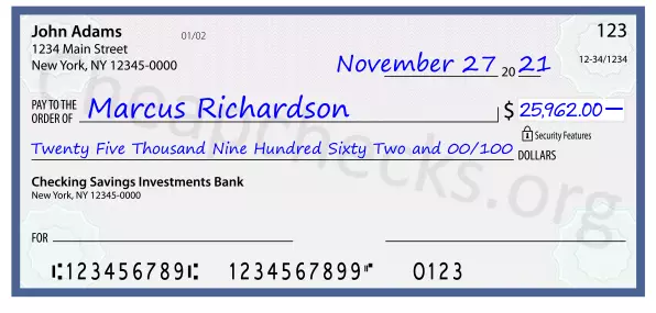 Twenty Five Thousand Nine Hundred Sixty Two and 00/100 filled out on a check