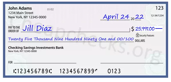 Twenty Five Thousand Nine Hundred Ninety One and 00/100 filled out on a check