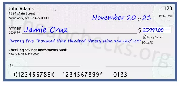 Twenty Five Thousand Nine Hundred Ninety Nine and 00/100 filled out on a check