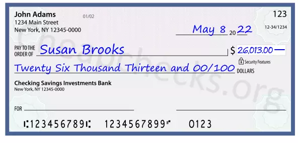 Twenty Six Thousand Thirteen and 00/100 filled out on a check