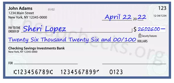 Twenty Six Thousand Twenty Six and 00/100 filled out on a check