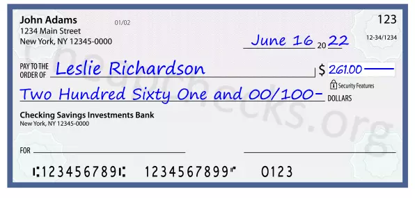 Two Hundred Sixty One and 00/100 filled out on a check