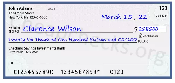 Twenty Six Thousand One Hundred Sixteen and 00/100 filled out on a check