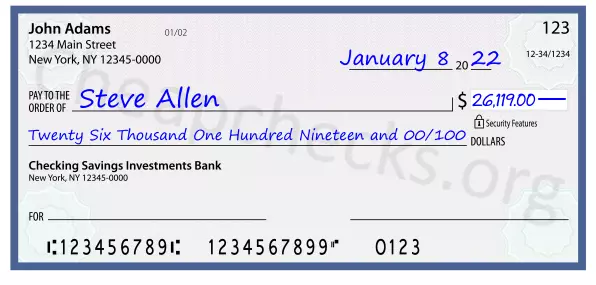 Twenty Six Thousand One Hundred Nineteen and 00/100 filled out on a check