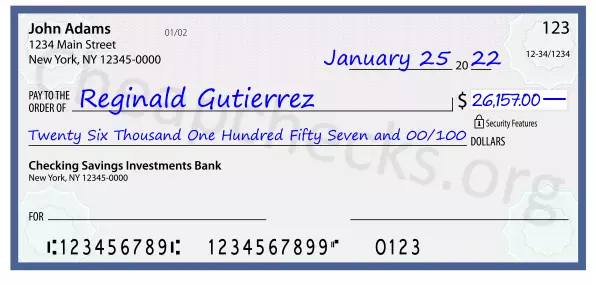 Twenty Six Thousand One Hundred Fifty Seven and 00/100 filled out on a check