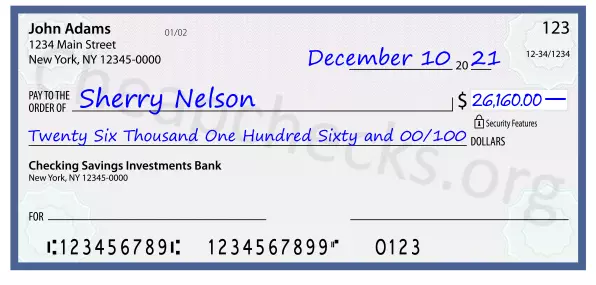 Twenty Six Thousand One Hundred Sixty and 00/100 filled out on a check