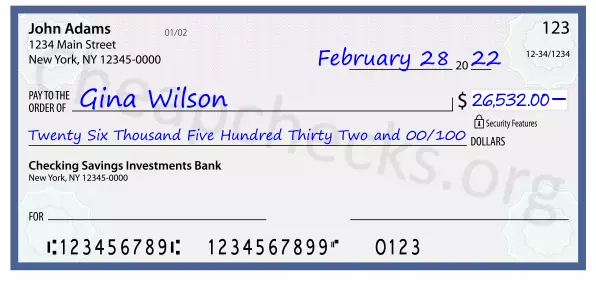 Twenty Six Thousand Five Hundred Thirty Two and 00/100 filled out on a check