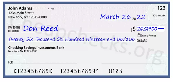 Twenty Six Thousand Six Hundred Nineteen and 00/100 filled out on a check