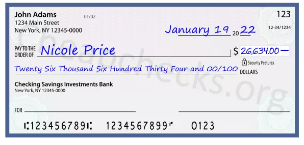 Twenty Six Thousand Six Hundred Thirty Four and 00/100 filled out on a check