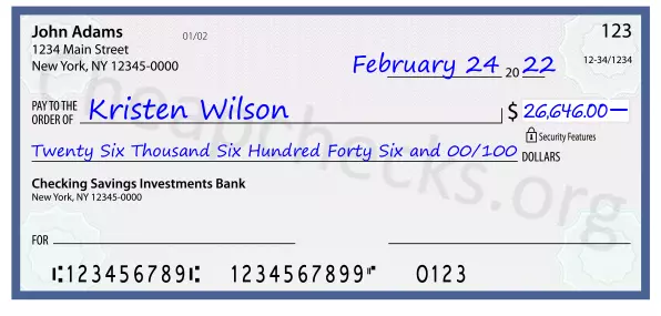 Twenty Six Thousand Six Hundred Forty Six and 00/100 filled out on a check