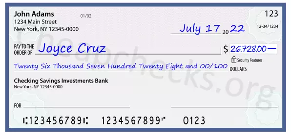 Twenty Six Thousand Seven Hundred Twenty Eight and 00/100 filled out on a check