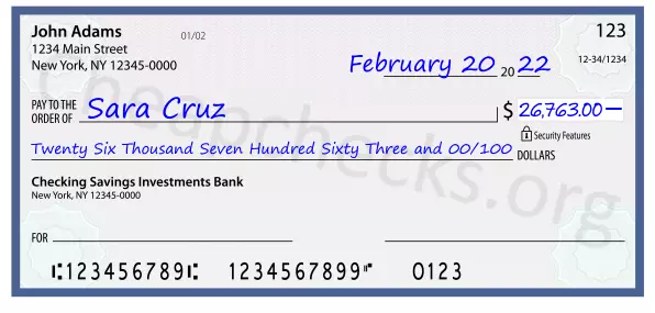 Twenty Six Thousand Seven Hundred Sixty Three and 00/100 filled out on a check