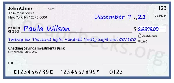 Twenty Six Thousand Eight Hundred Ninety Eight and 00/100 filled out on a check