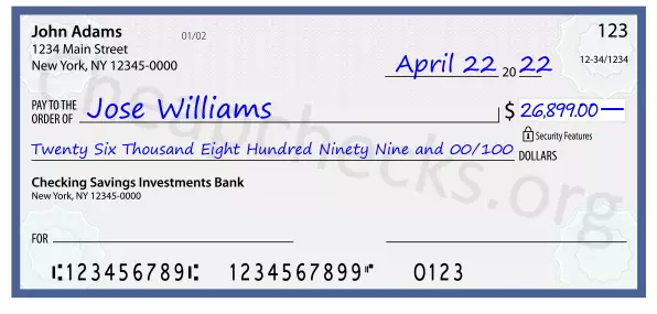 Twenty Six Thousand Eight Hundred Ninety Nine and 00/100 filled out on a check