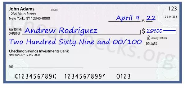 Two Hundred Sixty Nine and 00/100 filled out on a check