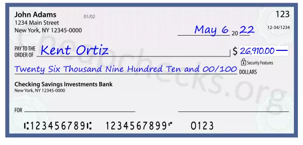 Twenty Six Thousand Nine Hundred Ten and 00/100 filled out on a check