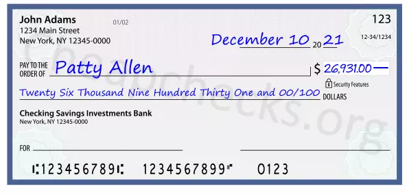 Twenty Six Thousand Nine Hundred Thirty One and 00/100 filled out on a check