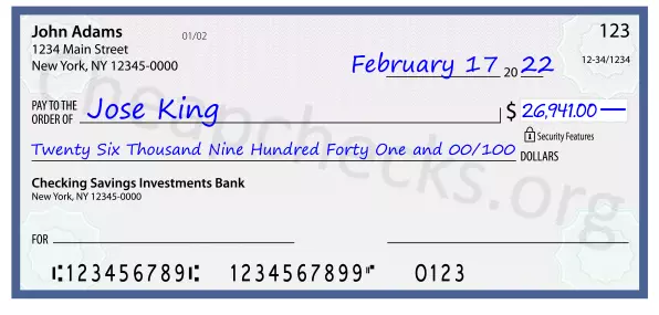 Twenty Six Thousand Nine Hundred Forty One and 00/100 filled out on a check