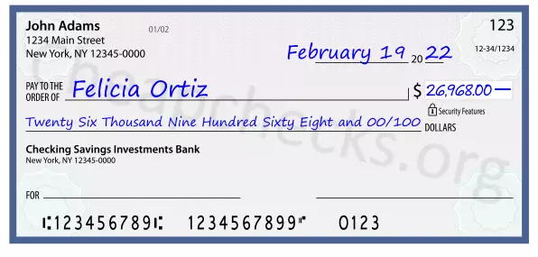 Twenty Six Thousand Nine Hundred Sixty Eight and 00/100 filled out on a check