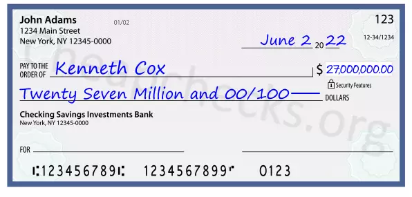 Twenty Seven Million and 00/100 filled out on a check