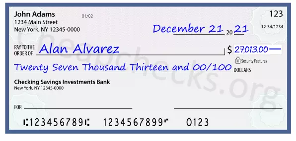 Twenty Seven Thousand Thirteen and 00/100 filled out on a check