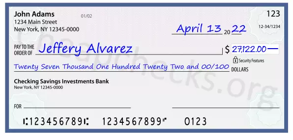 Twenty Seven Thousand One Hundred Twenty Two and 00/100 filled out on a check