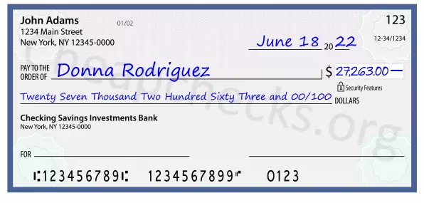 Twenty Seven Thousand Two Hundred Sixty Three and 00/100 filled out on a check