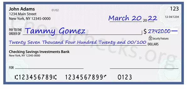 Twenty Seven Thousand Four Hundred Twenty and 00/100 filled out on a check