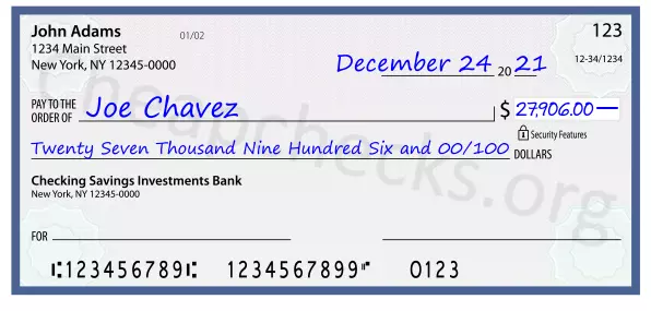 Twenty Seven Thousand Nine Hundred Six and 00/100 filled out on a check