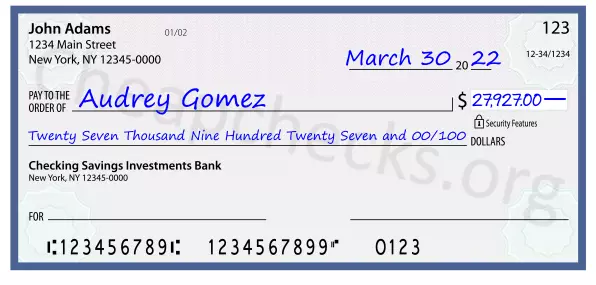 Twenty Seven Thousand Nine Hundred Twenty Seven and 00/100 filled out on a check