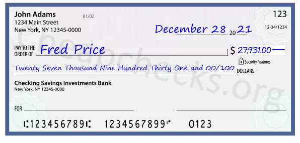 Twenty Seven Thousand Nine Hundred Thirty One and 00/100 filled out on a check