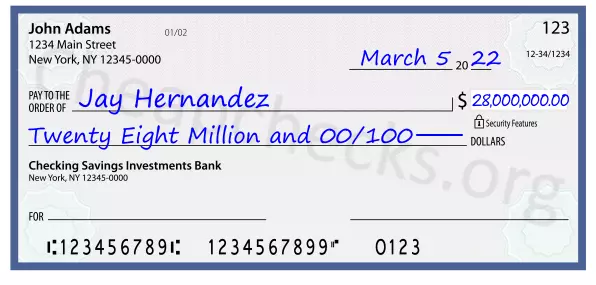 Twenty Eight Million and 00/100 filled out on a check