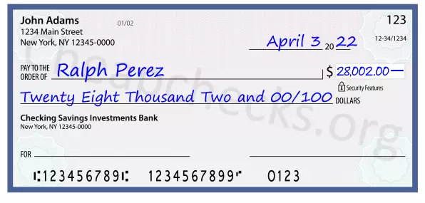 Twenty Eight Thousand Two and 00/100 filled out on a check