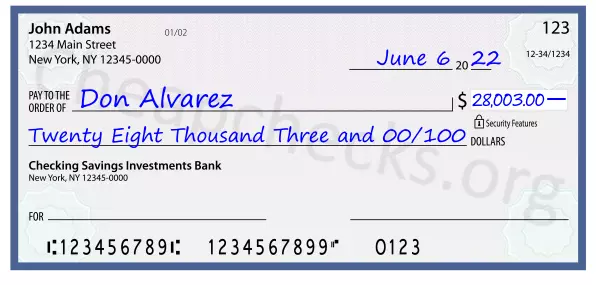 Twenty Eight Thousand Three and 00/100 filled out on a check