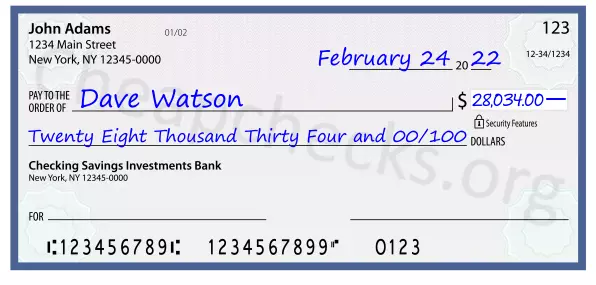 Twenty Eight Thousand Thirty Four and 00/100 filled out on a check