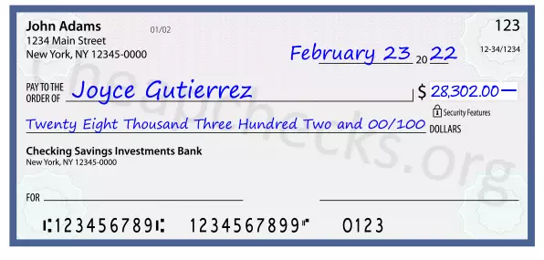 Twenty Eight Thousand Three Hundred Two and 00/100 filled out on a check