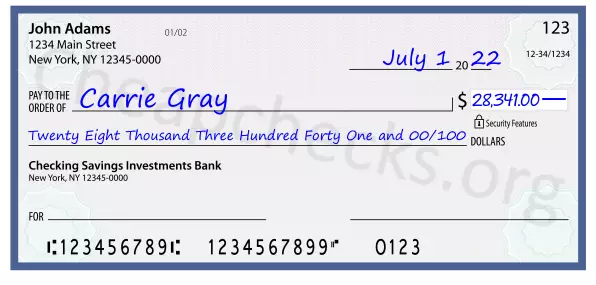 Twenty Eight Thousand Three Hundred Forty One and 00/100 filled out on a check