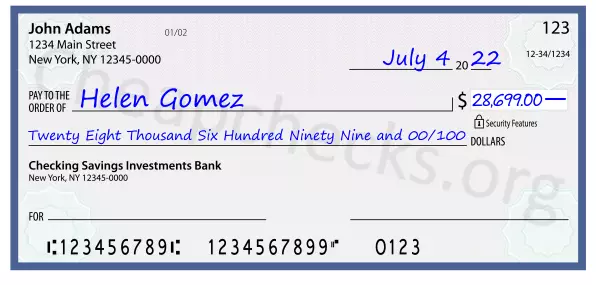 Twenty Eight Thousand Six Hundred Ninety Nine and 00/100 filled out on a check