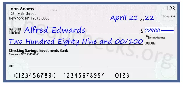 Two Hundred Eighty Nine and 00/100 filled out on a check