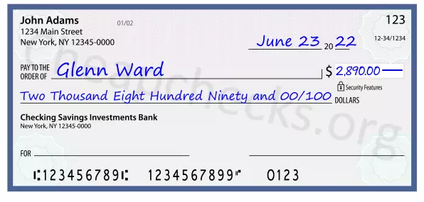 Two Thousand Eight Hundred Ninety and 00/100 filled out on a check