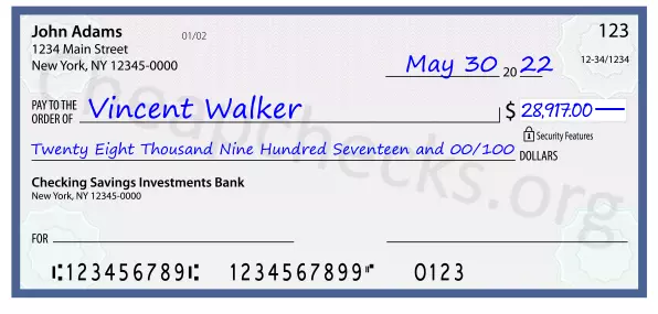 Twenty Eight Thousand Nine Hundred Seventeen and 00/100 filled out on a check