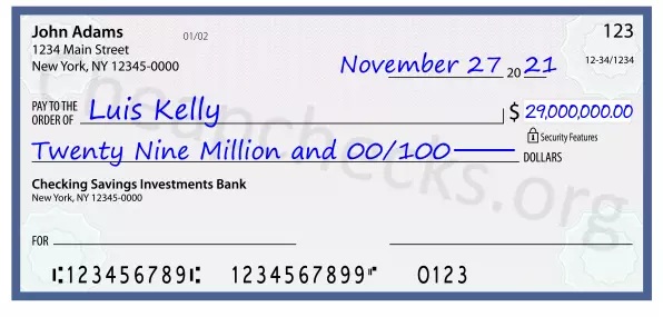 Twenty Nine Million and 00/100 filled out on a check