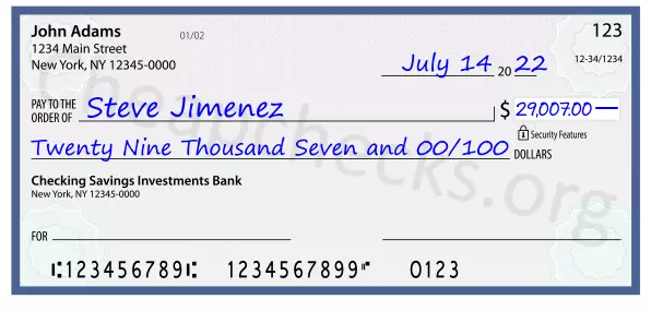 Twenty Nine Thousand Seven and 00/100 filled out on a check