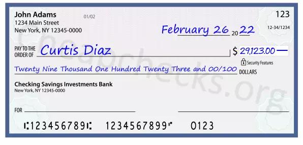 Twenty Nine Thousand One Hundred Twenty Three and 00/100 filled out on a check