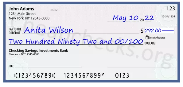 Two Hundred Ninety Two and 00/100 filled out on a check