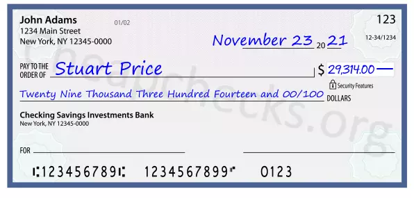 Twenty Nine Thousand Three Hundred Fourteen and 00/100 filled out on a check