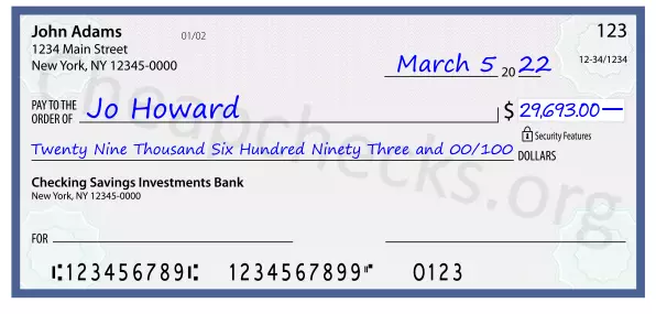 Twenty Nine Thousand Six Hundred Ninety Three and 00/100 filled out on a check