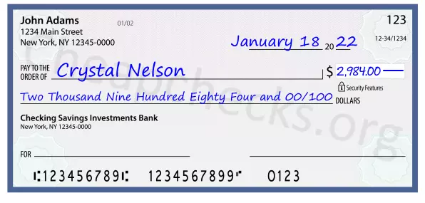 Two Thousand Nine Hundred Eighty Four and 00/100 filled out on a check