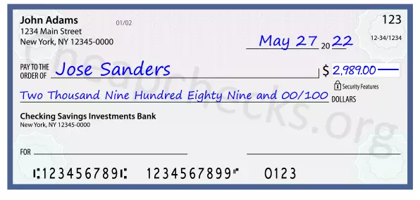 Two Thousand Nine Hundred Eighty Nine and 00/100 filled out on a check