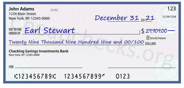 Twenty Nine Thousand Nine Hundred Nine and 00/100 filled out on a check